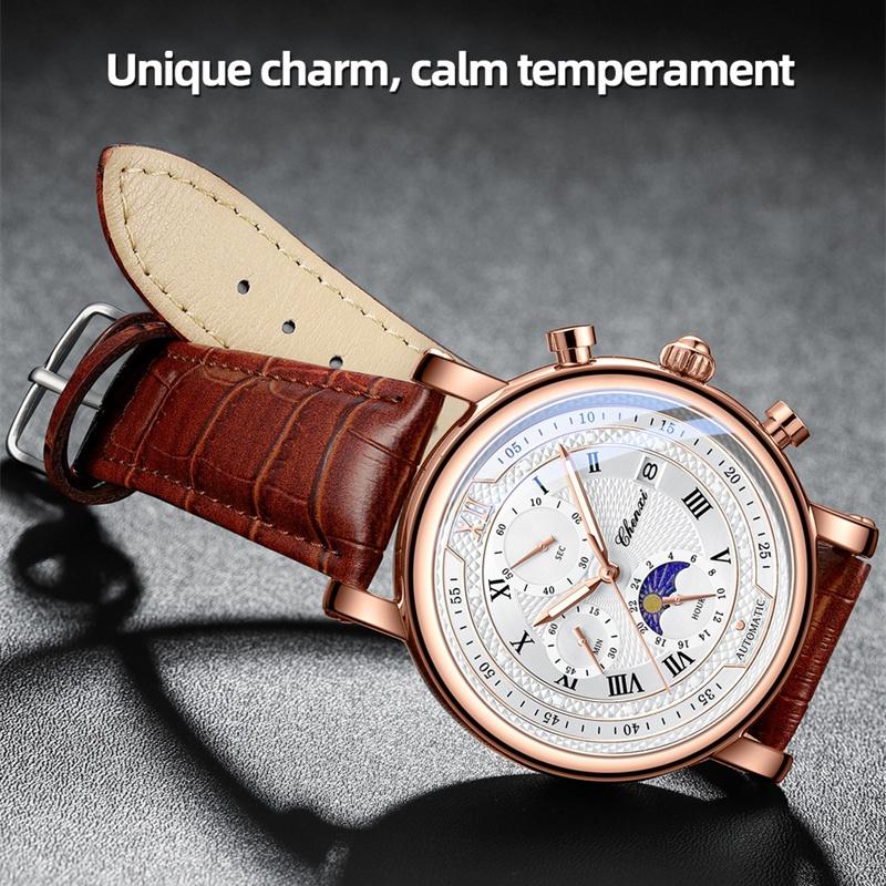 CHENXI 976 Men's Quartz Wristwatch Calendar Moon Phase Leather Strap Waterproof Business Luminous Chronograph Watches for Men