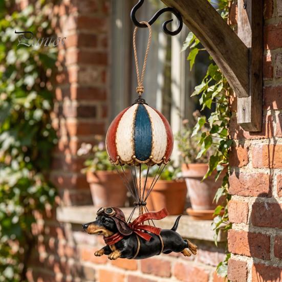 Unique Holiday Gift for Dog Owners Flying Dachshund Hot Air Balloon Hanging Ornament, Vintage Resin Wall Hanger, Retro Decoration Whimsical