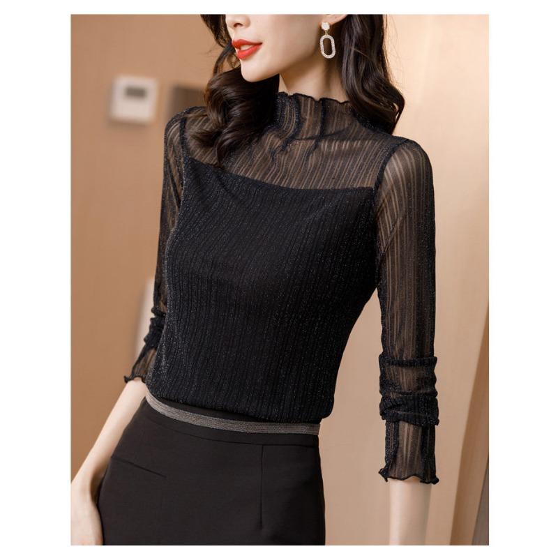 High Collar Mesh Bottoming Shirt for Women Spring and Autumn New Style Long-sleeved Lace Top