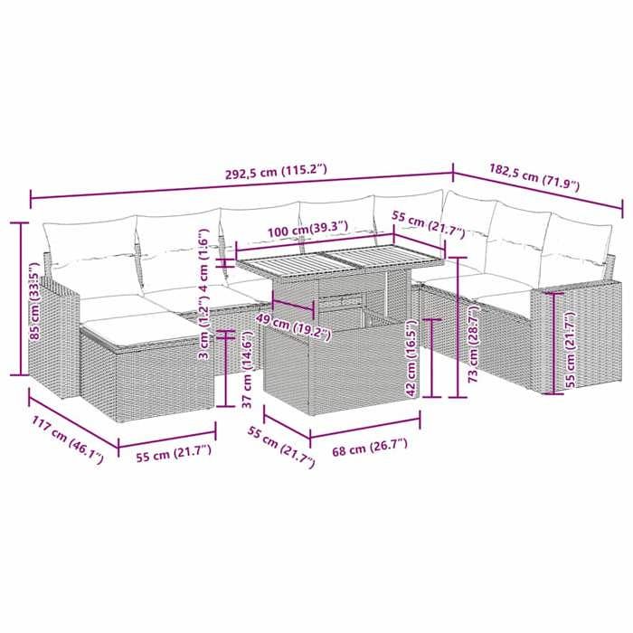 VidaXL Garden Lounge Set 9 Pcs with Grey Cushions Wicker 3327078