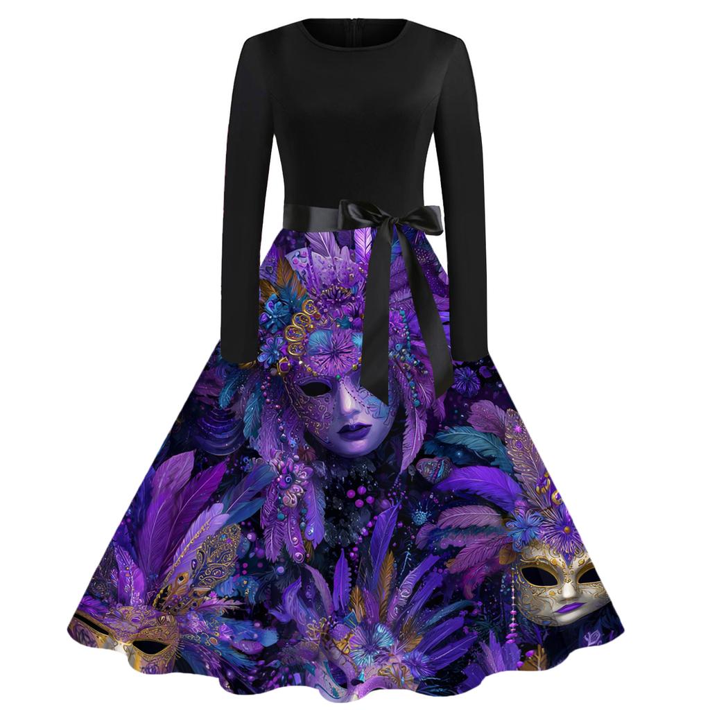 Damen Casual Mode Rundhals Karneval Bedrucktes Vintage Kleid