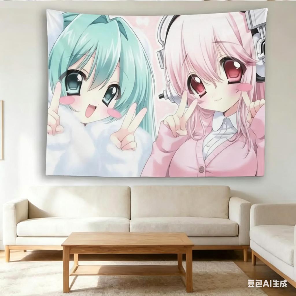 Sonico & Anime Mi-Kku Girl Tapestry Cute Pink Mint Wall Hanging For Teen Bedroom Dorm Decor Multiple Size