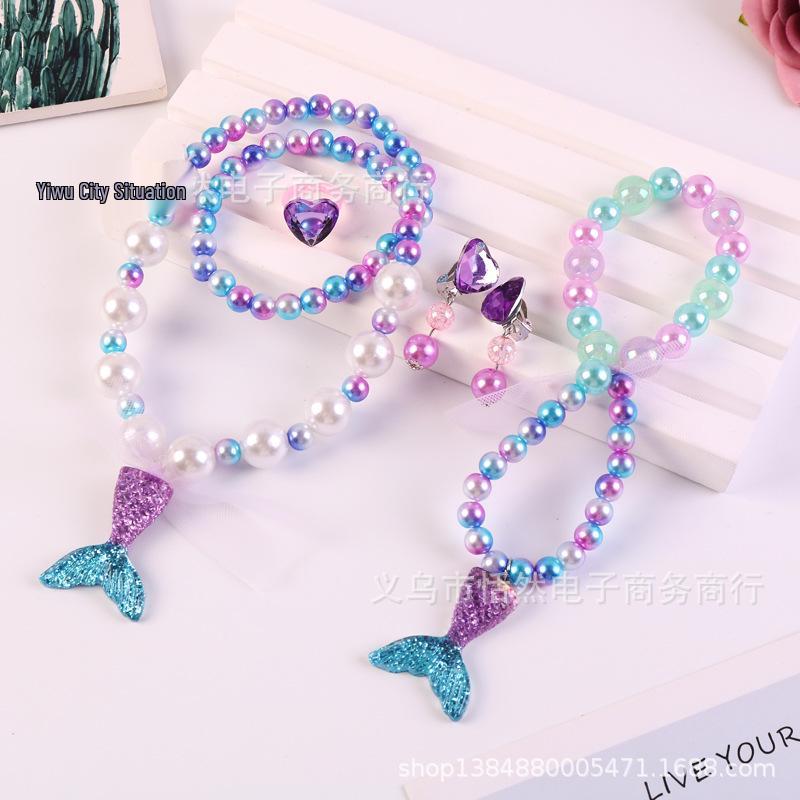 Colar de Pérolas de Sereia e Conjunto de Acessórios de Princesa para Meninas - Conjunto de 5 Peças para Presente de Feriado
