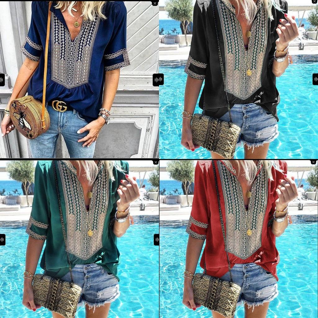 Stunning Womens Vintage Striped V Neck Loose Shirt Tops Half Sleeve Boho Blouse Plus Size