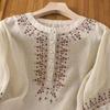Embroidery Flower Pattern Women Shirt Retro Style Round Neck Pullover Tops 3 4 Sleeve Summer Casual Blouse