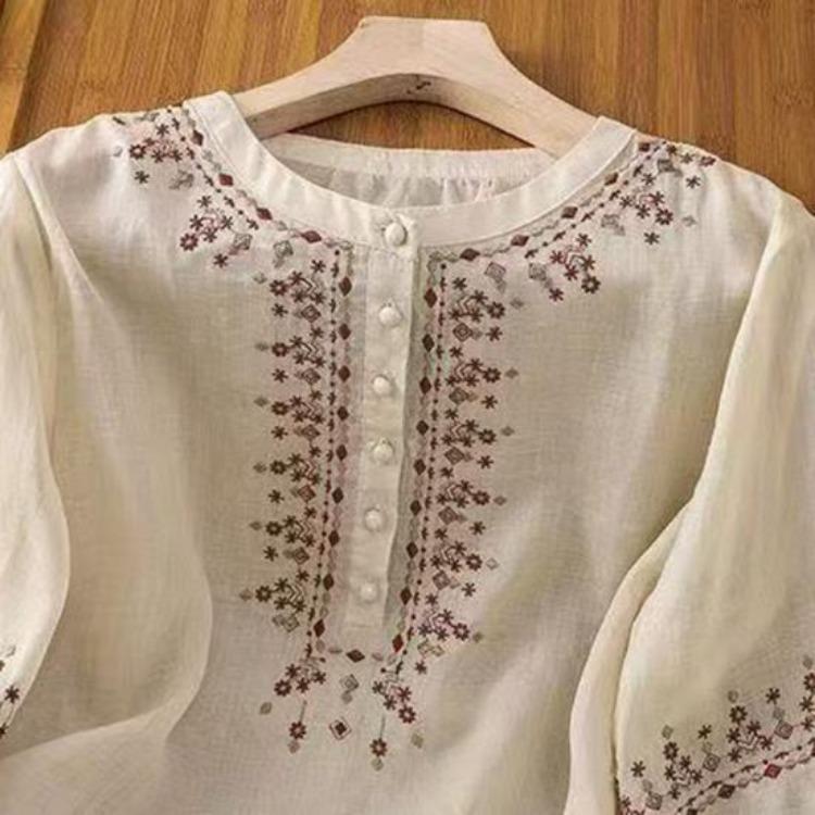 Embroidery Flower Pattern Women Shirt Retro Style Round Neck Pullover Tops 3 4 Sleeve Summer Casual Blouse