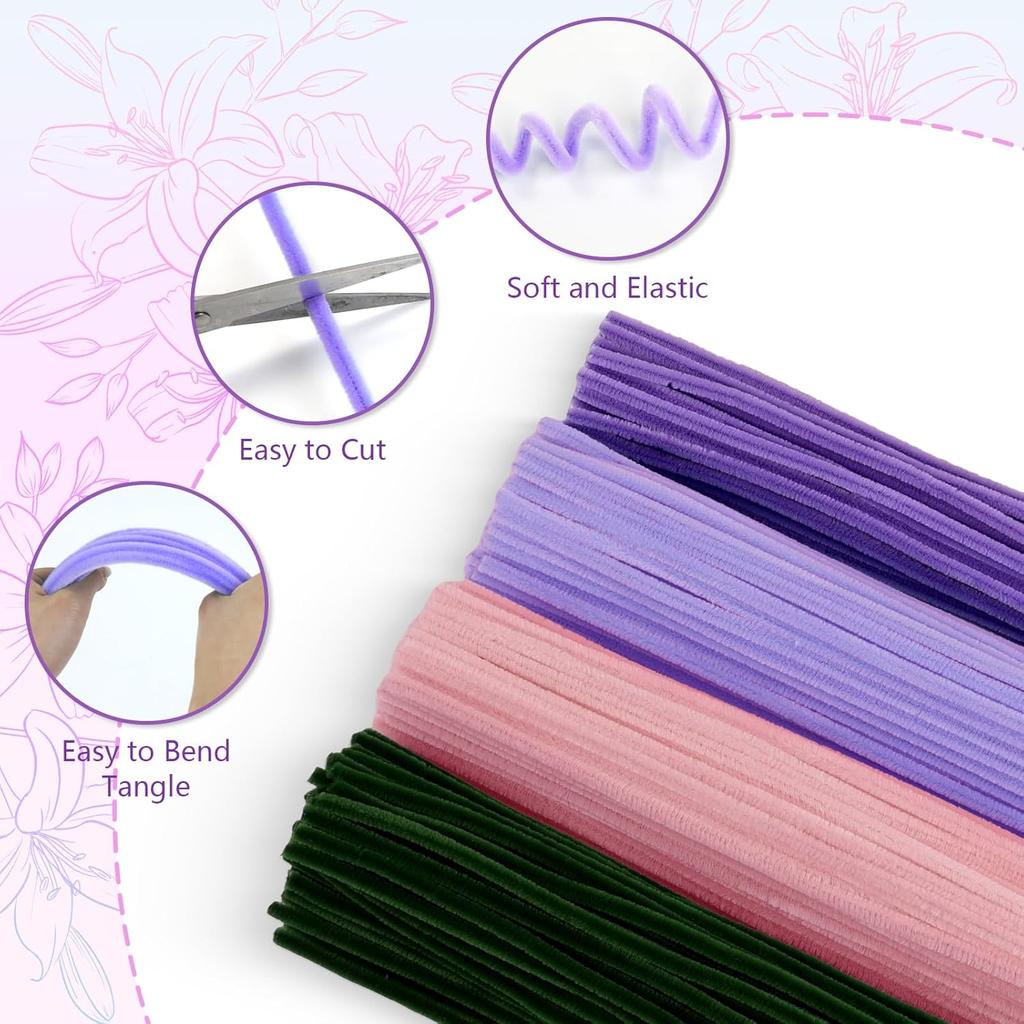 400 Pcs Pipe Cleaners Craft,4 Assorted Colors Pipe Cleaners Bulk, Chenille Stems for DIY Flower Making Kit with Floral Wires, Gardening Tape,(Purple)