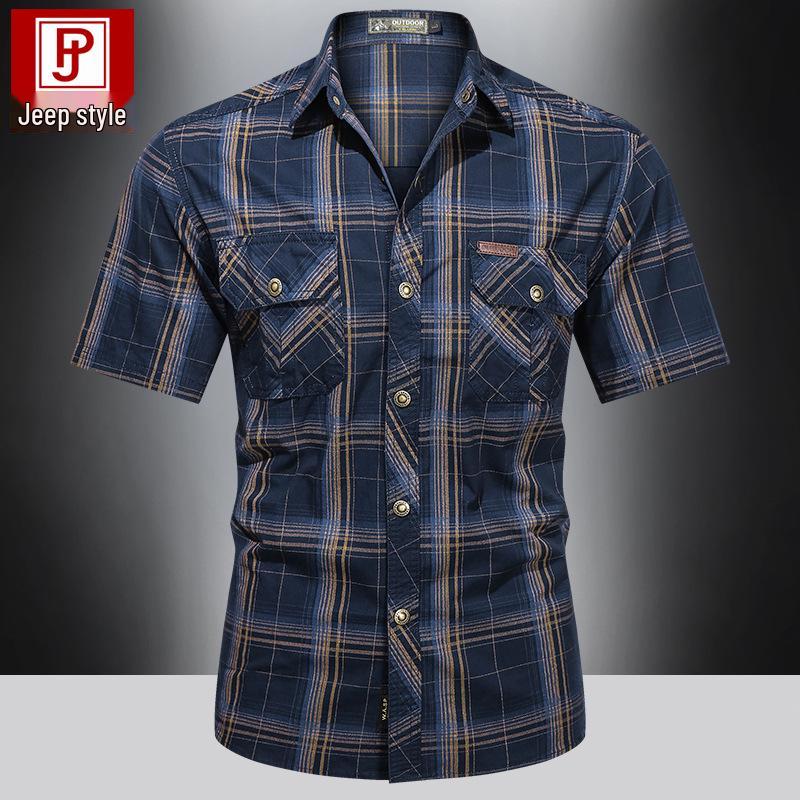 2023 Summer Men's Plus Size Cotton Short Sleeve Plaid Shirt - Loose, Casual, for Middle-Aged & Young
