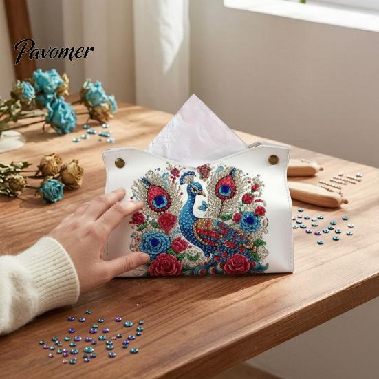 Set Pittura con Gemme Fatto a Mano Fai da Te Diamond Painting Scatola Portatovaglioli in Tessuto, Portapenne in Pelle per Desktop Rilassante, Artigianato Ricamo con Strass 5D