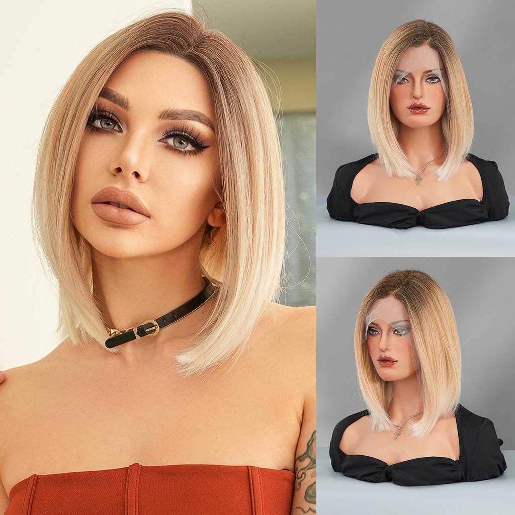 Ladies' Little T Front Lace Wig Synthetic Full Headset Brown Short Straight Hair Mid Split Bob Wigs