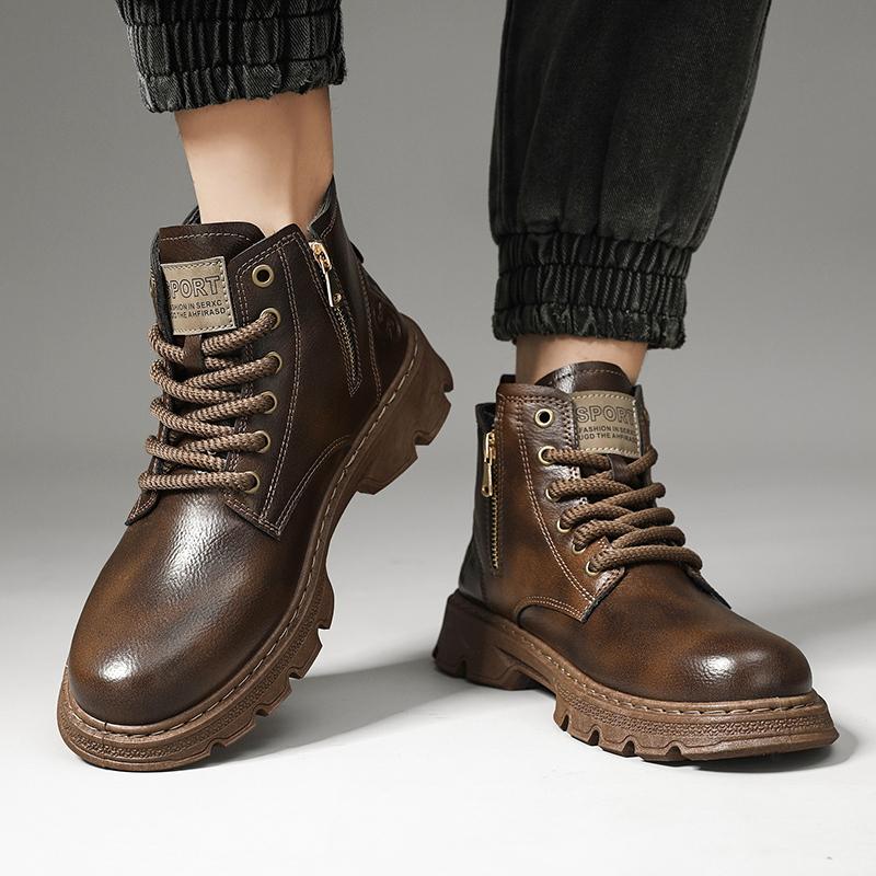 

New MEN S BOOTS with Retro Style Leather Boots, Thick Soles, Wear-resistant MEN S High Top Casual Shoes, Side Zippers 44 коричневий