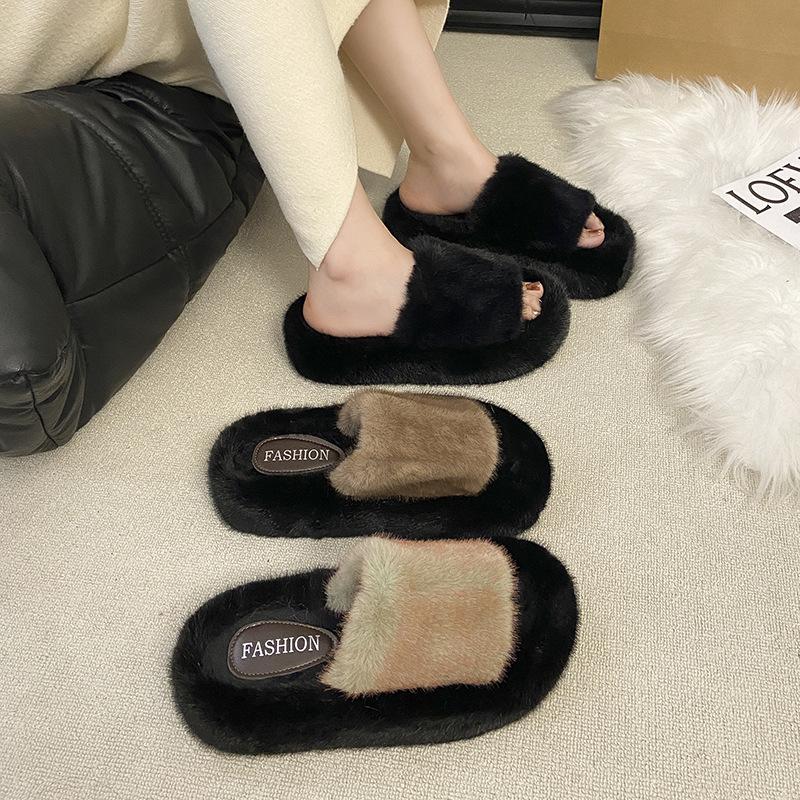 Thick Bottom Heightening Fluffy Slippers Women's Outer Wear 2025 New Autumn and Winter Popular Cotton Tows Cute Cotton Slippers