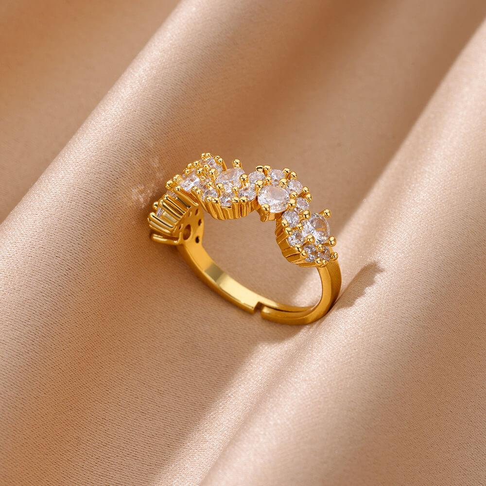 Zircon Irregular Heart Sun Rings For Women Stainless Steel Gold Color Geometric Openning Ring Female  Party Jewelry Gift