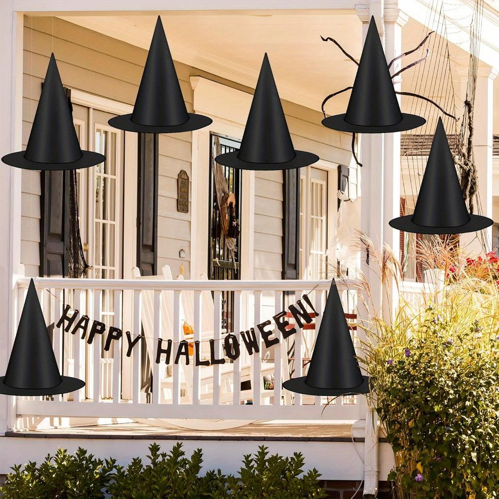 12 Pack Hanging Witch Hats Halloween Decorations Black Polyester Nylon Cord No Electricity Outdoor Home Yard Decor