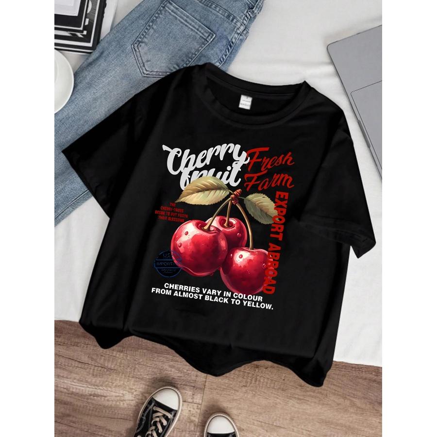 

Art letters and cherry pattern round neck plus size women T-shirt short sleeve trend printing elastic half sleeve T-shirt XXXXXL чорний