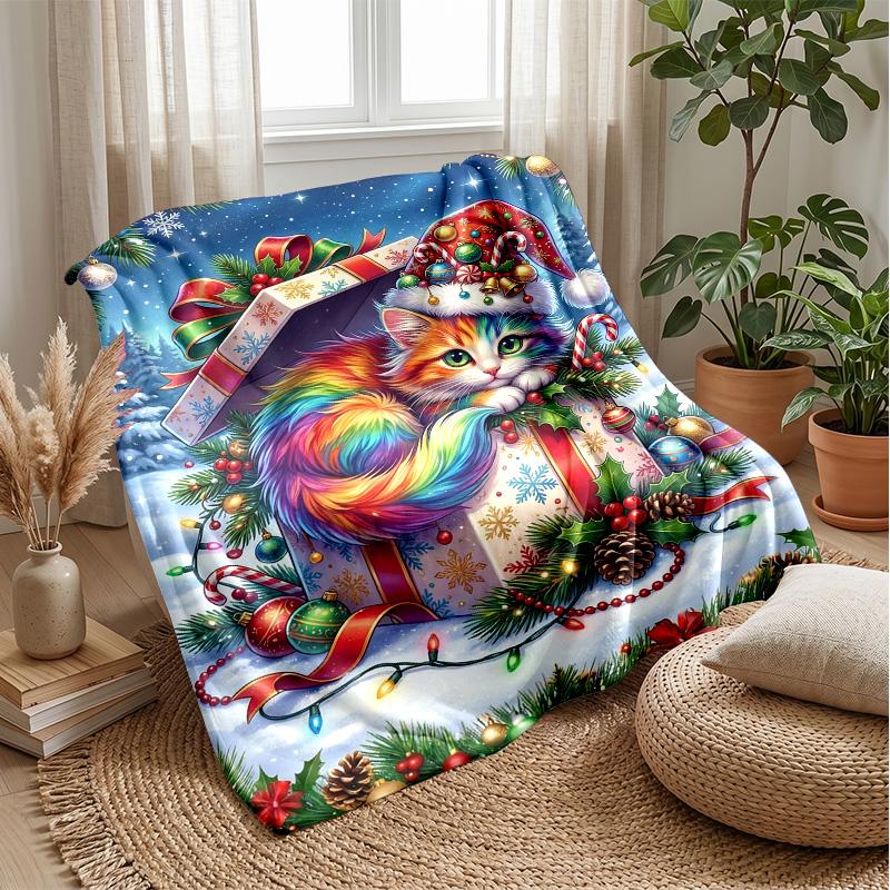 Rainbow Cat Christmas Theme blanket Lightweight Warm Flannel Blanket Decorative Throw Blanket for Home Decoration