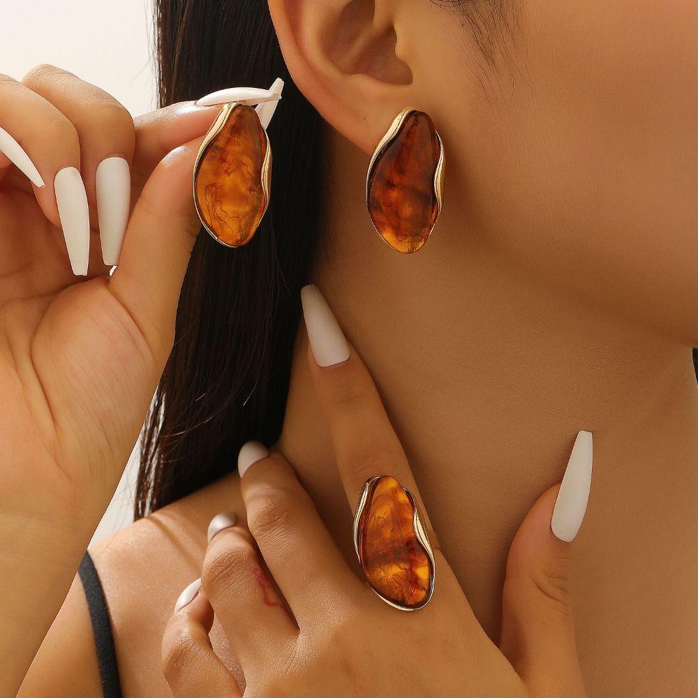 Stainless Steel Women Earrings Color Resin Vintage Finger Rings Geometric Shape Rings  Jewelry Gift