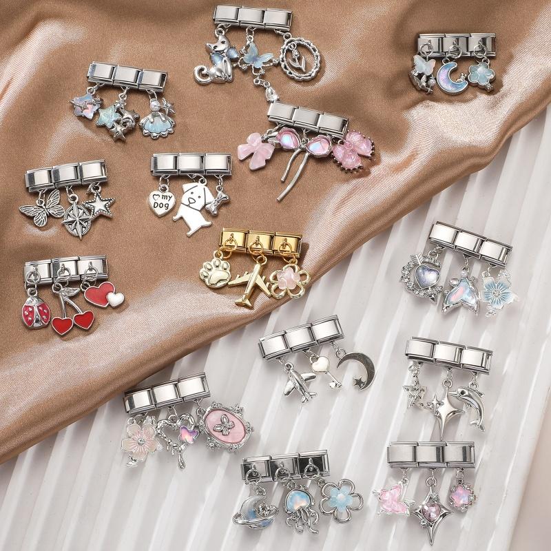 Y2K 3PCS Colorful Crystal Zircon Pendant Moon Star Bow Italian Charm Links Stainless Steel Fit 9mm Bracelet Jewelry DIY Making