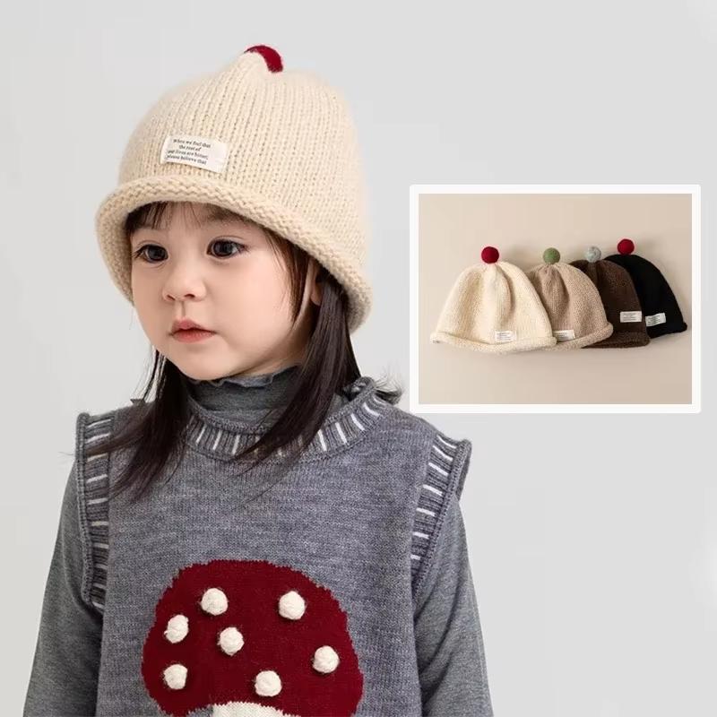 Plush Ball Kids Pullover Cap Korean Children Melon Caps Winter Warm Woolen Knit Hat Solid Color Crochet Bonnet Baby Beanies 1-6Y