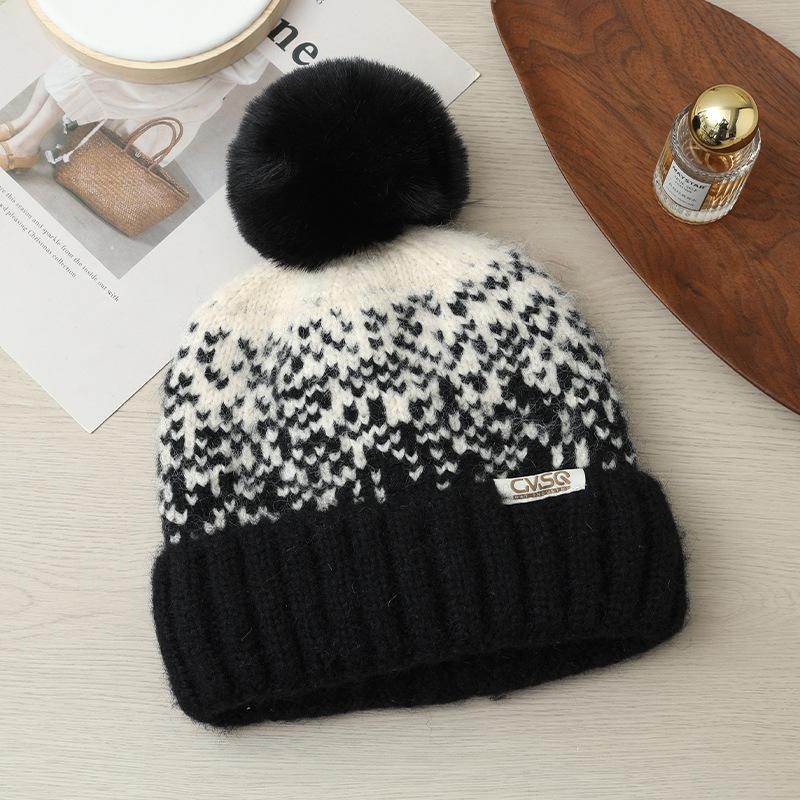Korean Version of Autumn and Winter Hat for Women with Velvet Rabbit Wool Knitted Hat Wool Ball Cute Wool Hat Ear Protection Warm Pullover Hat