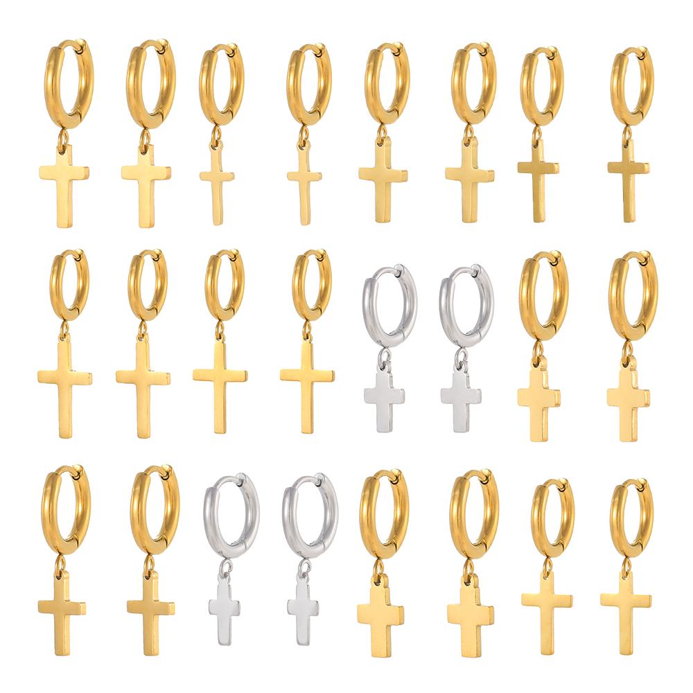 CARLIDANA Gold Plated Punk Style Cross Pendant Earrings Hip Hop Stainless Steel Hoop Earrings for Women Huggie Style-for Gift
