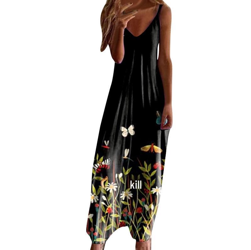 Women's Plus Size V-Neck Spaghetti Strap Long Dress - European & American Style