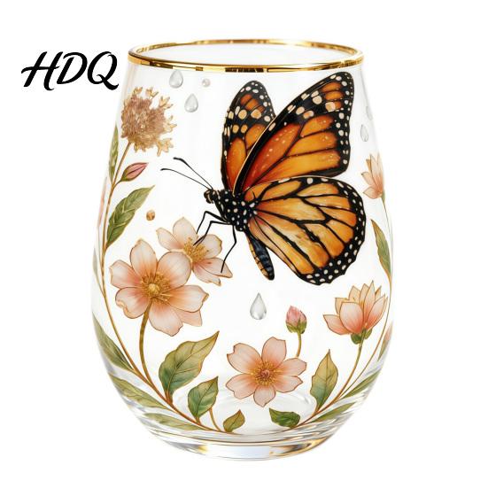 Hand-painted Glass Cup Hand Painted Tumbler Egg Shaped with Gold Rim Clear