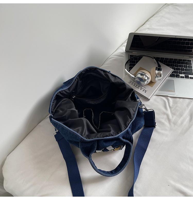 Korean Style Color Block Embroidery Denim Bag - Versatile Large Capacity Shoulder & Crossbody Bag