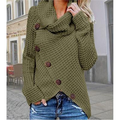 Women's Autumn High Neck Long Sleeve Knit Sweater Plus Size Irregular Five Diagonal Button Sweater