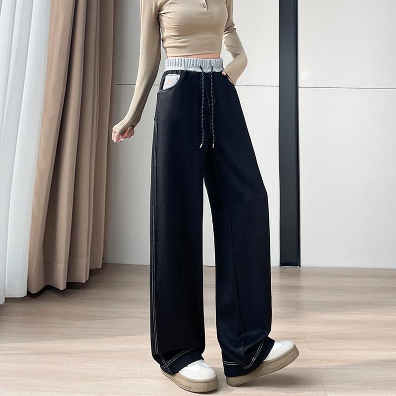

Spring Autumn New Style Straight Pants Women s High Waist Loose Slim Fashion Versatile Embroidered Casual Wide Legs L чёрный