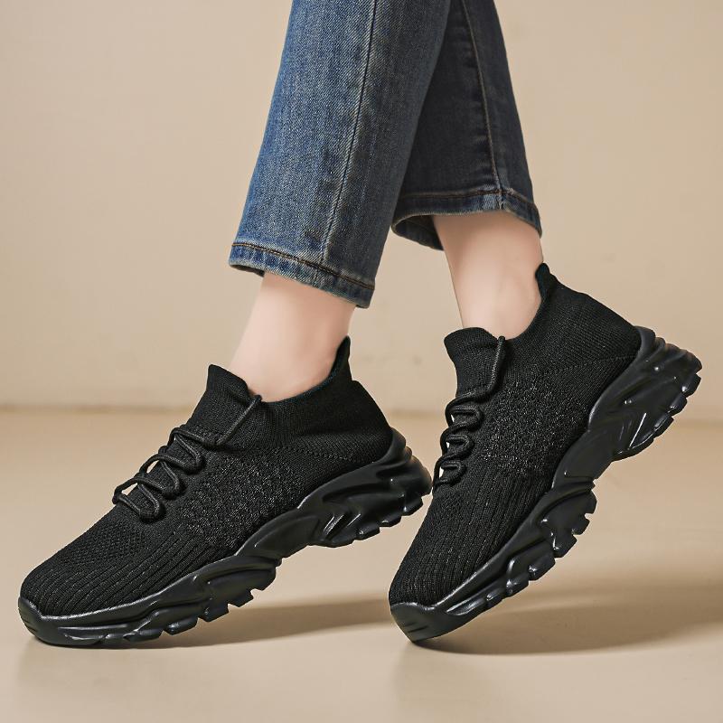 Fashion Women's New Elastic Fabric Sports Thick Soled Lace Up Tennis Outdoor Running Breathable Casual Shoes Lightweight Walking Shoes