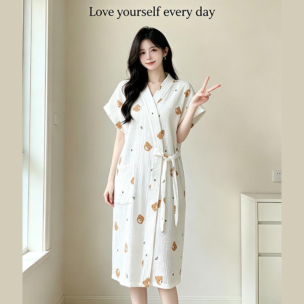 Summer Cotton Gauze Bathrobe and Skirt Pajamas