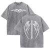 Gothic Tribal Wing Spine Print Vintage Washed Gray Y2K Casual Graphic T Shirt 260723BJ