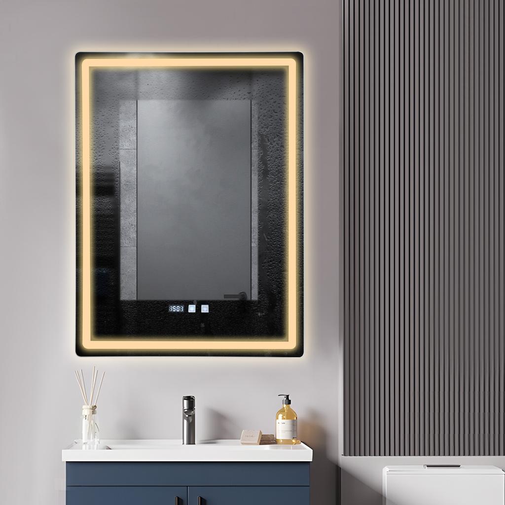 Modern Wall Mount Bathroom Mirror W/ LED Lights, Adjustable Color & Brightness, Anti-Fog Technology, Time & Temperature Display