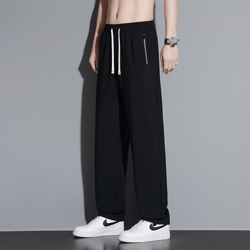 Extra dlouhé 120cm letní kalhoty z ledového hedvábí pro vysoké muže - Tenké s rovnými nohavicemi a 110cm plochou nohavicí se stahovací šňůrkou