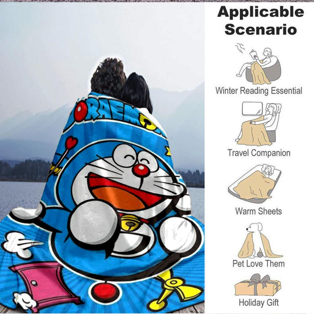 1PC Doraemon, Cartoon Blanket Lightweight Flannel Throw Blanket for Sofa, Bed, Travel, Camping, Livingroom, Office, Couch