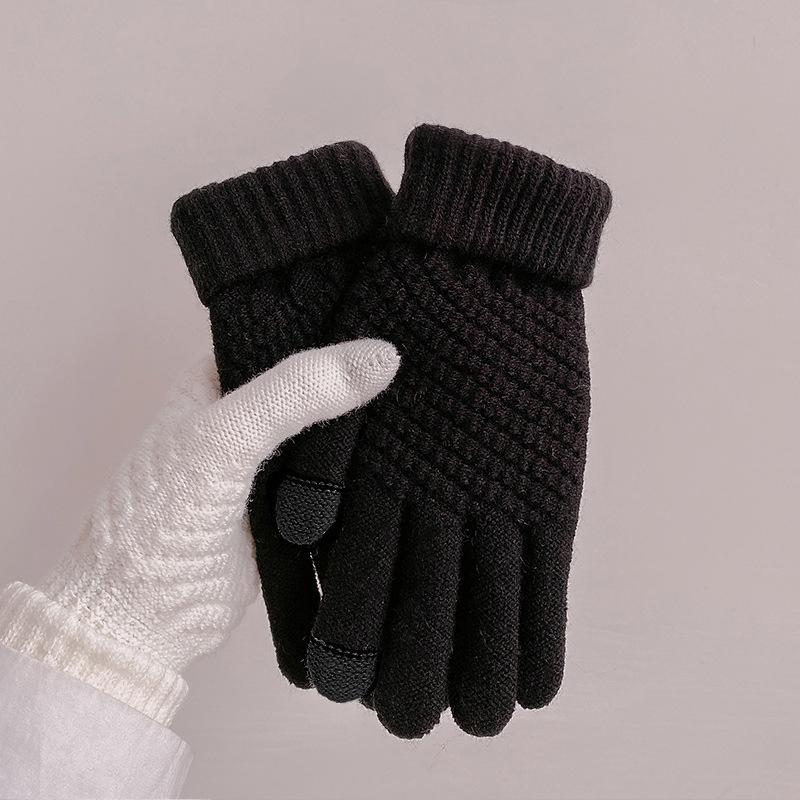 Gants chauds en laine pour femmes en automne et en hiver Écran tactile Cyclisme Mignon Hiver Cyclisme Étudiants Cinq doigts Plus Velours Ins Tricoté