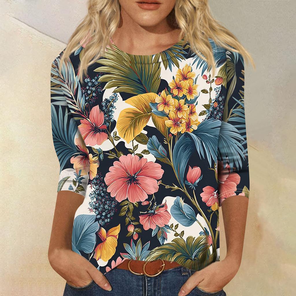 Women’s Casual Round Neck Three Quarter Sleeve Floral Print T Shirt Top with Relaxed Fit for Daily Wear and Comfort
