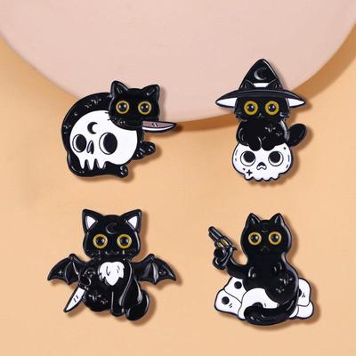Cute Black Cat Skeleton Halloween Brooch - Creative Kitten Lapel Pin Metal Badge