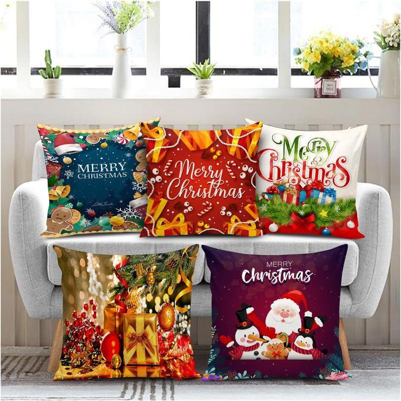 

Decorative Printed Merry Christmas Theme Cushion Cover Xmas Decorations for Sofa Living Room Set of 5 12 x 12 inch Multi