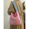 Korean niche canvas bucket bag 2025 new trendy bag contrasting color plaid shoulder bag literary commuter tote bag