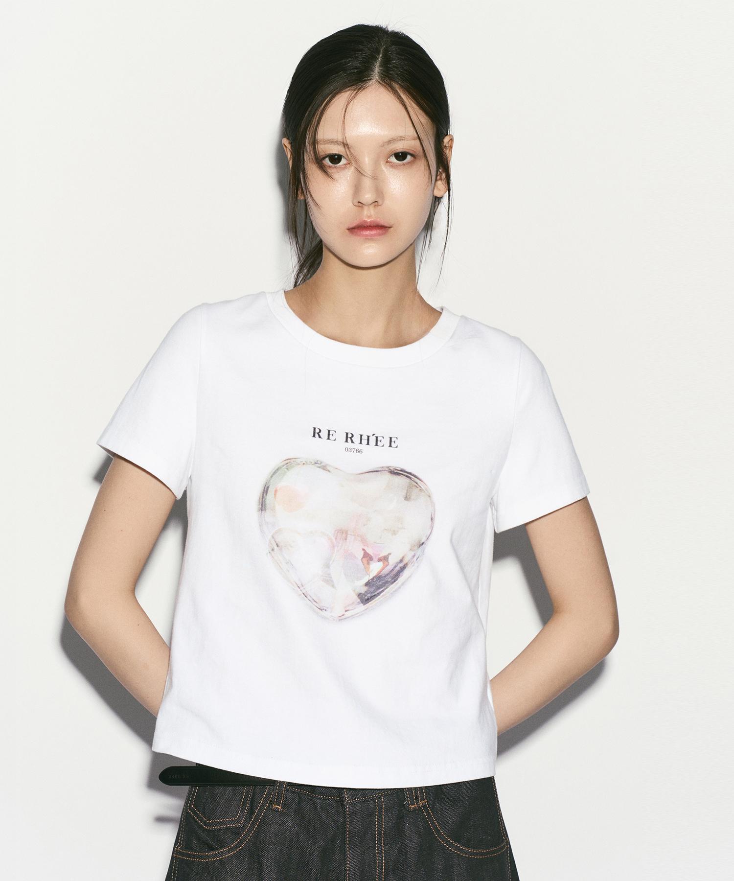 Rie Heart Print Cropped T-Shirt White/S_M