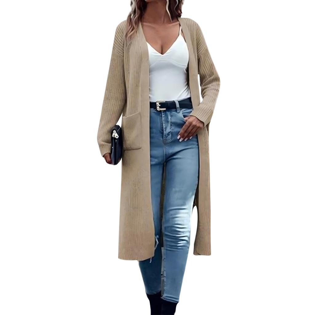 Knitted Pocket Cardigan Long Solid Color Women's Loose Coat Sweater
