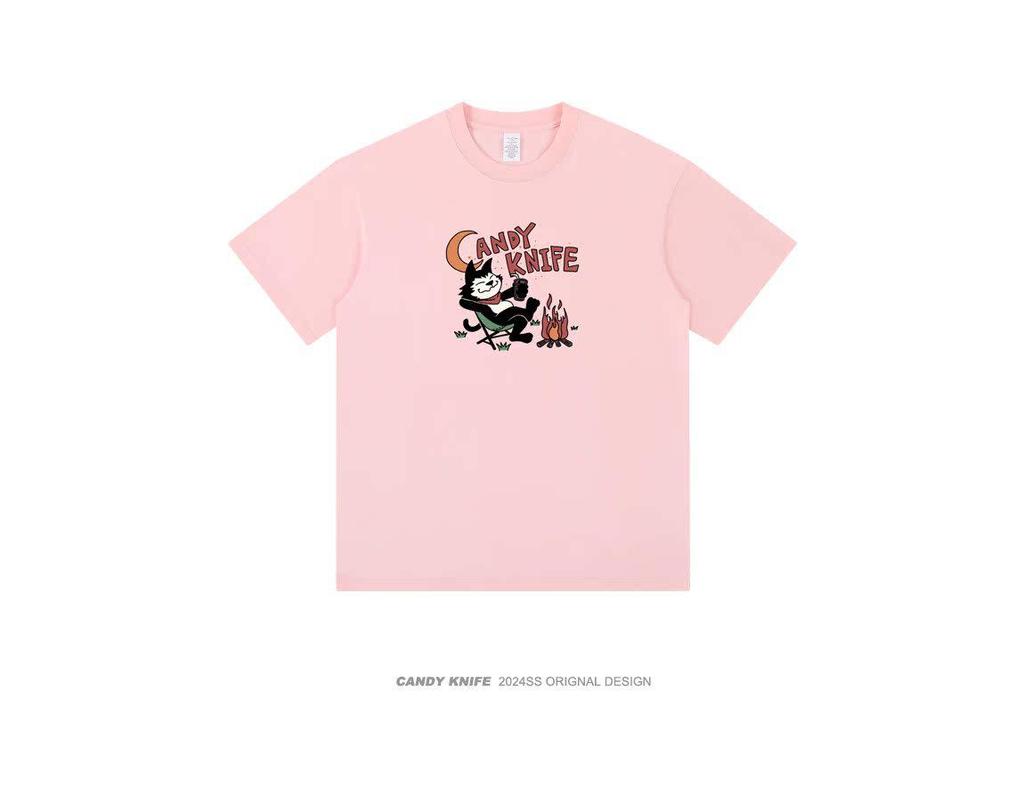 2024 Trendy Hong Kong Chic Cartoon Print Khaki Short-Sleeve Women's Loose T-Shirt