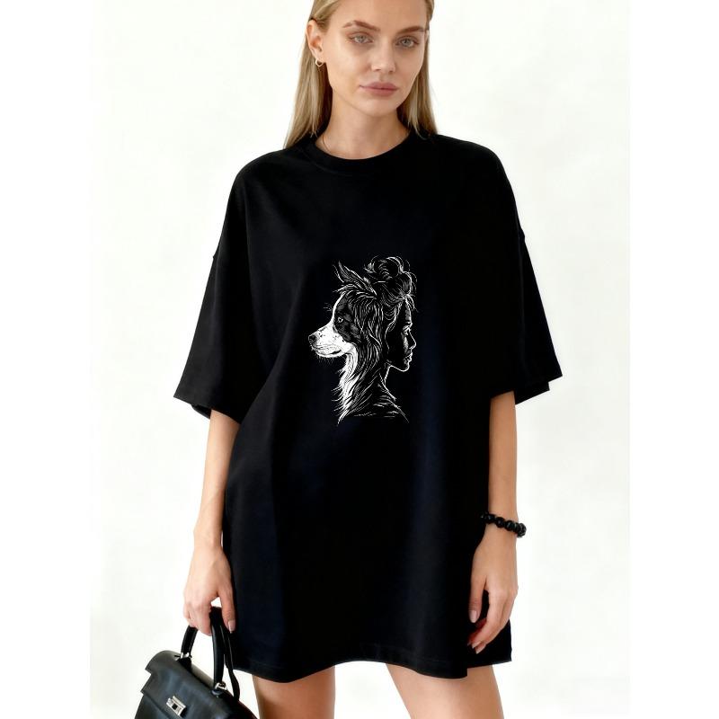 Oversized T Shirt Dress Black Dog And Woman Face Fusion Art Print Casual Streetwear For Women S