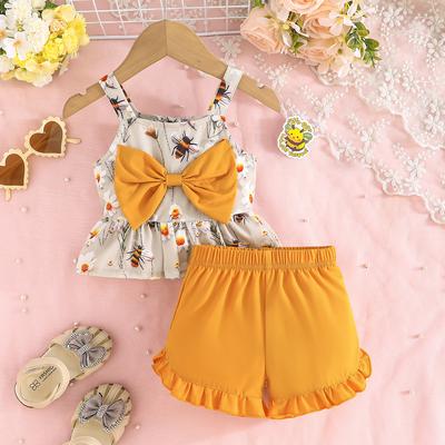 Girls Fashion Set 2025 Summer Kids Casual Cute Flower Big Bow Halter Top + Solid Color Shorts Set