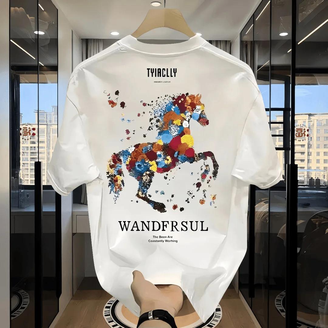 

Colorful Horse Print TShirt New Summer Style 100 Cotton Street Trend Casual Loose Breathable Crew Neck Short Sleeve Top 3XL