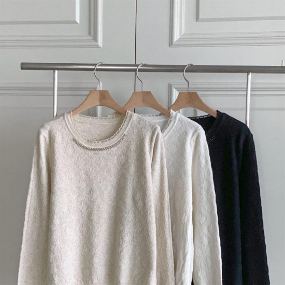 New Arrivals Open Run Women Solid Pearl Lace Round Neck Knit