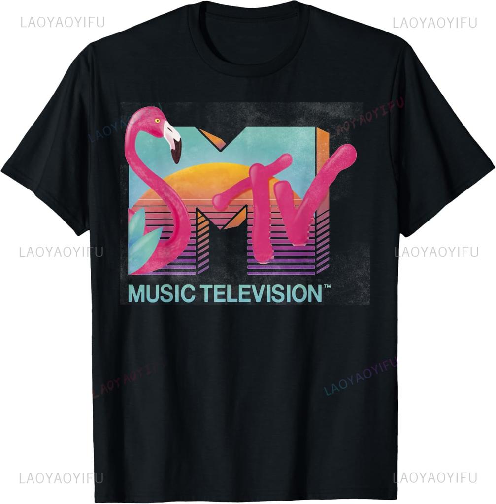 MTV Distressed Retro Flamingo Logo Fill Funny Shirt Couple Individuality Mens Clothing Unisex Summer Streetwear Tops Camisas