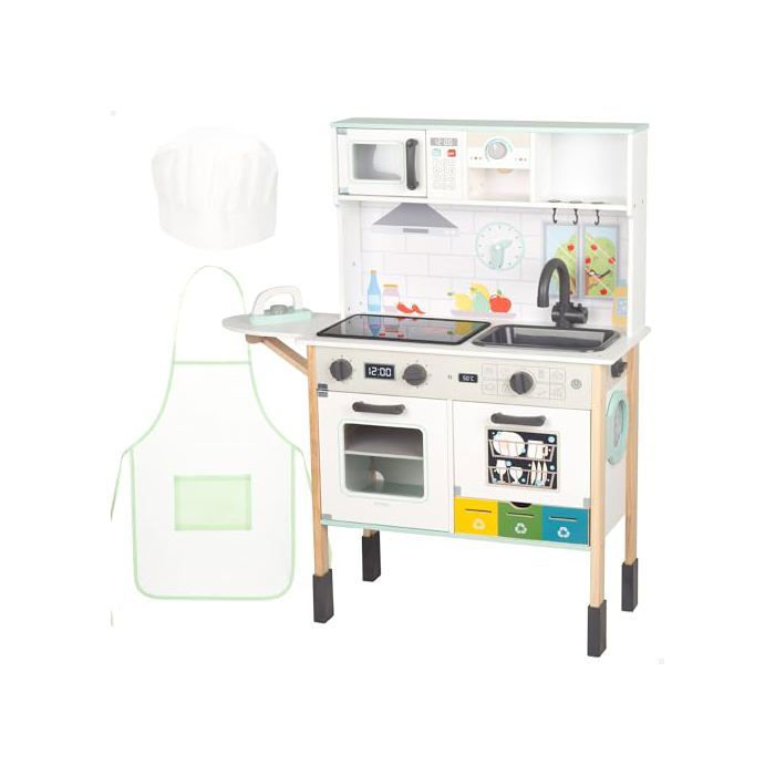 Cuisinière en bois pour enfants - WOOMAX - 60x30x97 cm - Lumière et son - Four et micro-ondes - Évier avec robinet